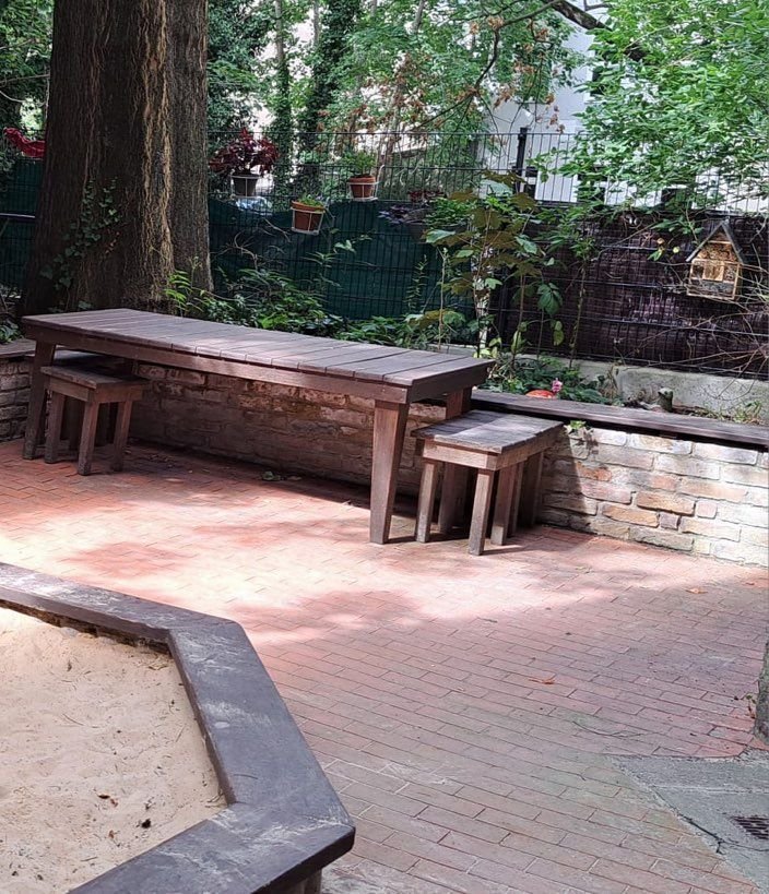 Holztisch und Bänke unter Bäumen im Hof